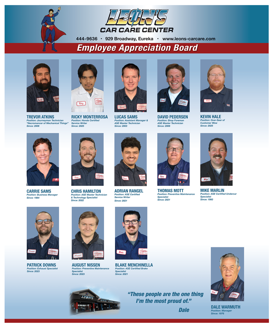 Employee Appreciation Board of Leon's Car Care Center